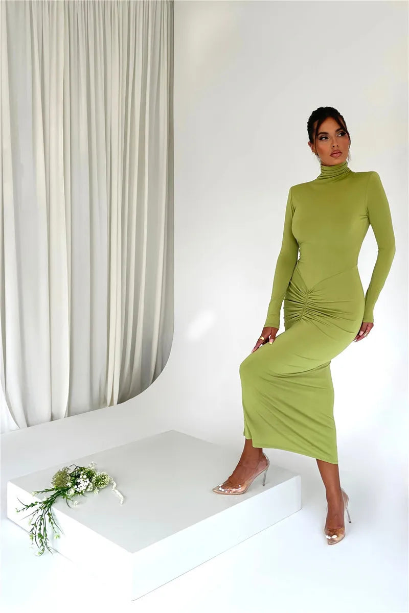 Elegant Turtleneck Long Sleeve Bodycon Maxi Dress Women Autumn Winter New Ruched Club Party Sexy Dress Vestidos