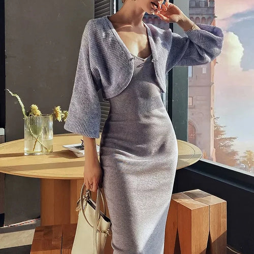 Load image into Gallery viewer, Spring Solid Matching Sets Slim Purple Strap Wrap Hip Knitted Dress V Neck Long Sleeve Knitted Cardigan Thin Sweaters  C-027

