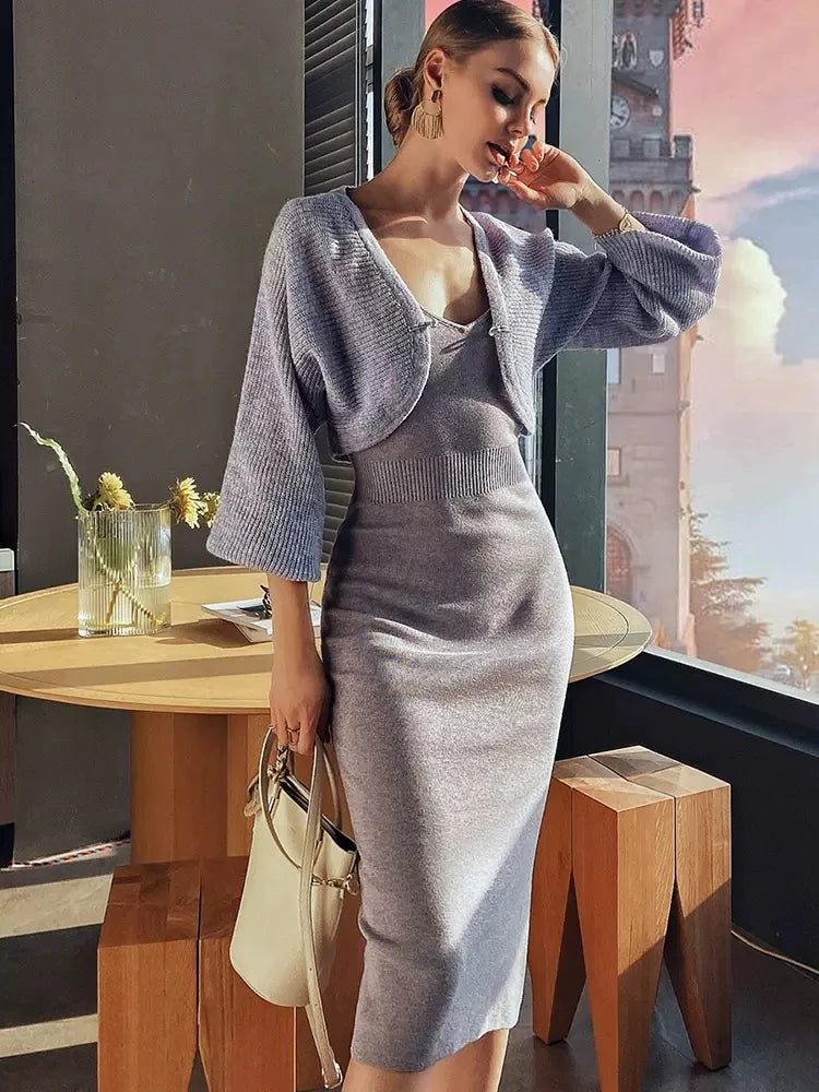 Spring Solid Matching Sets Slim Purple Strap Wrap Hip Knitted Dress V Neck Long Sleeve Knitted Cardigan Thin Sweaters  C-027