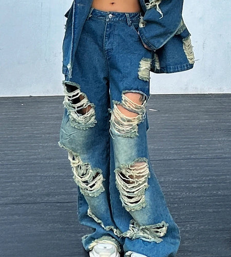 Hole Hollow Out Denim Pants For Women High Waist Loose Patchwork Pockets Streetwear Wide Leg Jeans Female Fashion