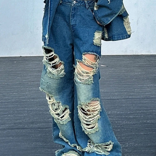 Load image into Gallery viewer, Hole Hollow Out Denim Pants For Women High Waist Loose Patchwork Pockets Streetwear Wide Leg Jeans Female Fashion
