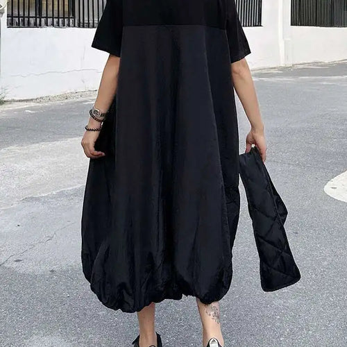 Load image into Gallery viewer, Women Black Drawstring Pocket Big Size Midi Dress New Round Neck Shhort Sleeve Fashion Tide Spring Summer 2025 1DJ0773
