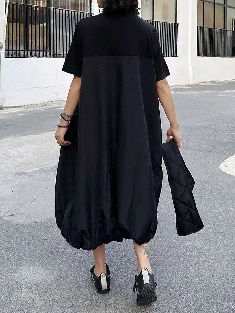 Women Black Drawstring Pocket Big Size Midi Dress New Round Neck Shhort Sleeve Fashion Tide Spring Summer 2025 1DJ0773