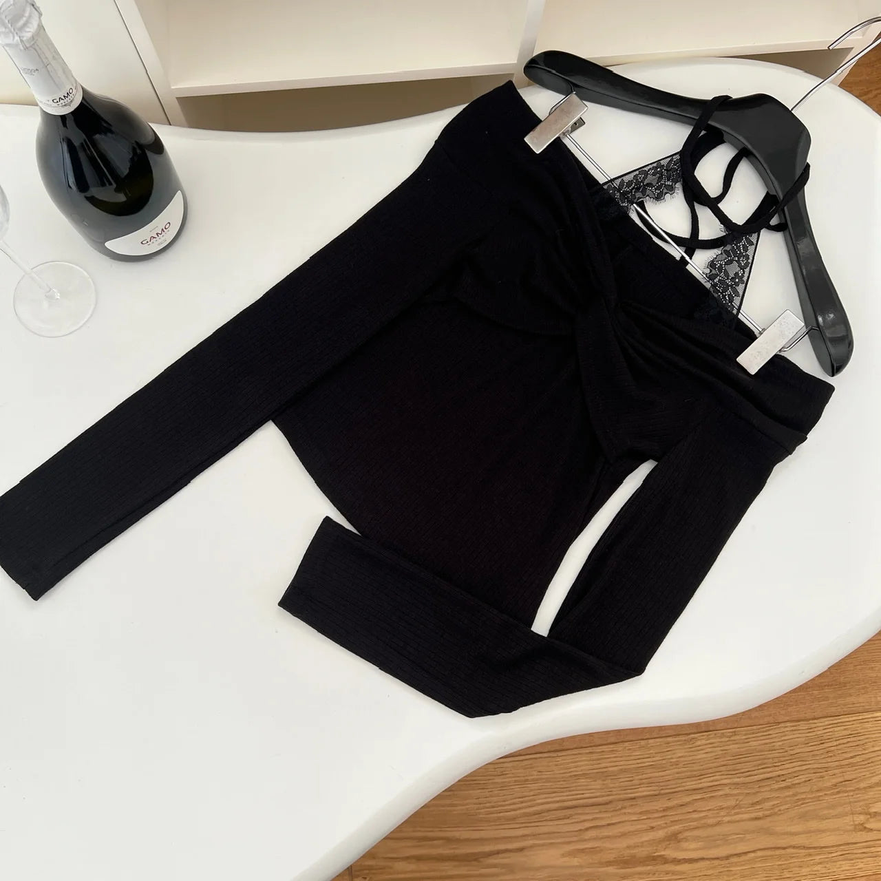 Vintage Black Lace Off Shoulder Elegant Halter Lace-up Knit Tops French Autumn Purple Backless Long Sleeve Festival T Shirt Chic