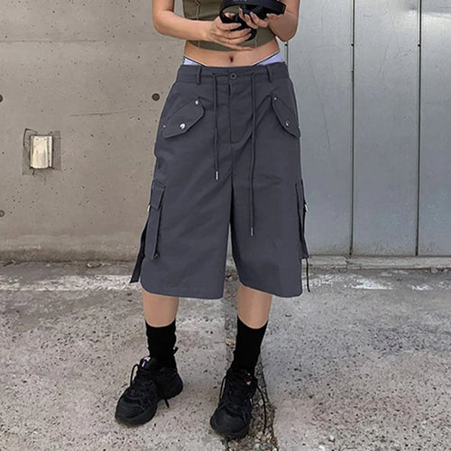 Load image into Gallery viewer, Streetwear Drawstring Solid Low Waist Cargo Shorts Women Pockets Harajuku Gorpcore Short Pants Capris Outfits Korean
