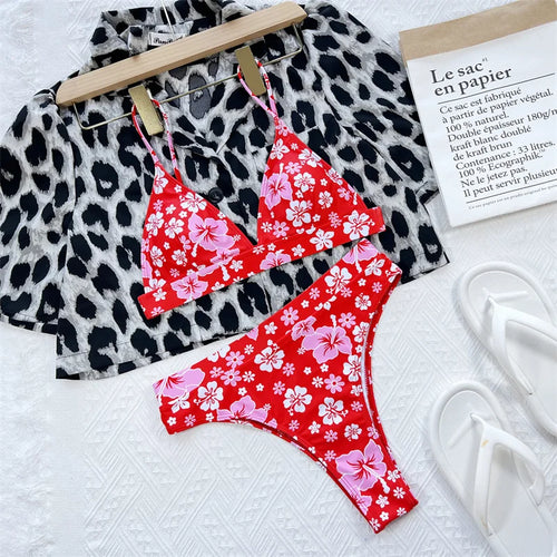 Load image into Gallery viewer, Sexy Flower Print Push Up Bikini Set High Cut Swimsuit High Waist Swimwear Halter Deep V Bathing Suit Women
