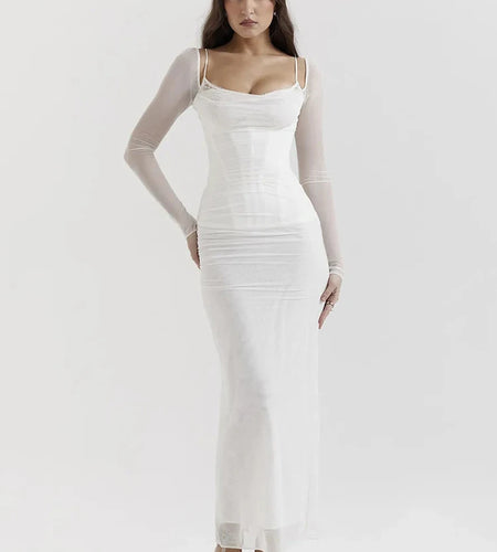 Elegant Sheer Long Sleeve Sexy Maxi Dress For Women Fashion Mesh Strapless Backless Club Party Sexy Long Dress New
