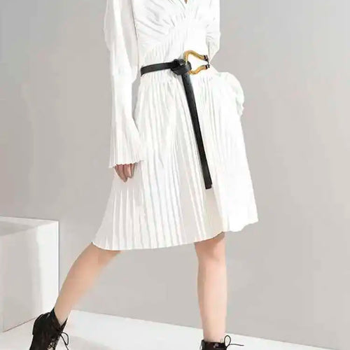 Load image into Gallery viewer, Women White Pleated Elegant Big Size Midi Shirt Dress New V-Neck Long Flare Sleeve Fashion Tide Spring Autumn 2025 1W3260
