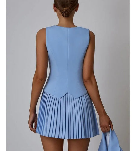 Fashion Suit Vest Pleated Short Skirt Two Piece Set Women's Slim Button Tight Set Female Summer New 2024 Street Clothing