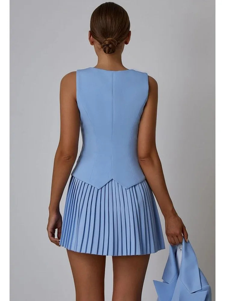 Fashion Suit Vest Pleated Short Skirt Two Piece Set Women's Slim Button Tight Set Female Summer New 2024 Street Clothing