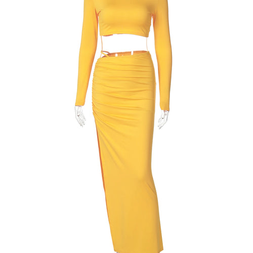 Load image into Gallery viewer, Women Fashion 2 Pcs Sets Long Sleeve Sexy Slim Crop T-Shirt Slit Ruched Maxi Skirt Fall Outfits Birthday Party Festival
