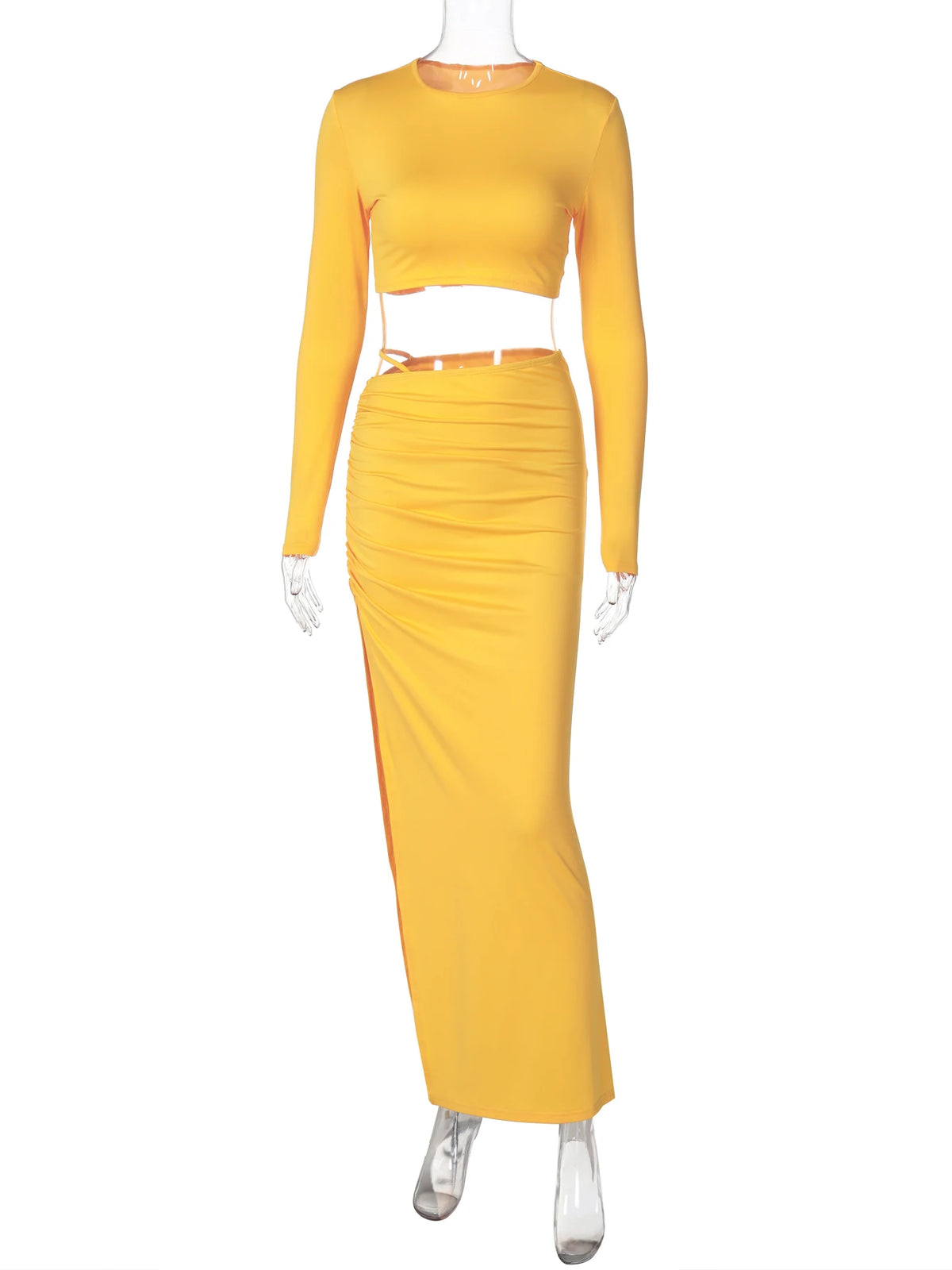 Women Fashion 2 Pcs Sets Long Sleeve Sexy Slim Crop T-Shirt Slit Ruched Maxi Skirt Fall Outfits Birthday Party Festival