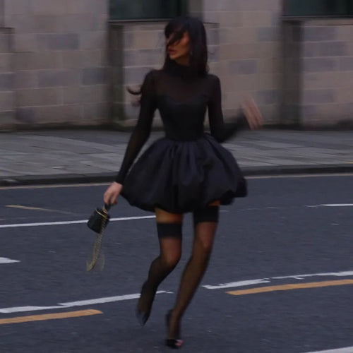 Load image into Gallery viewer, Turtleneck Sheer Long Sleeve Sexy Mini Dress For Women Black See Through High Waist A-line Club Party Dress Elegant
