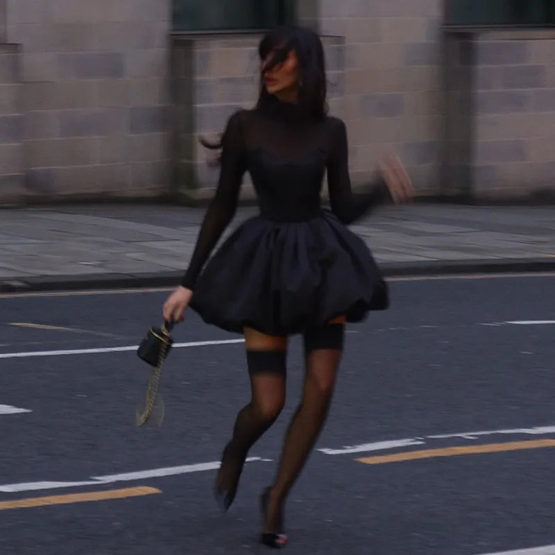 Turtleneck Sheer Long Sleeve Sexy Mini Dress For Women Black See Through High Waist A-line Club Party Dress Elegant