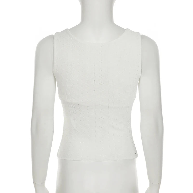 Cutecore Frill Trim With Appliques Mini Tank Tops Women Summer V-Neck Slimming Sexy Vest Chic Hollow Out Clothes New