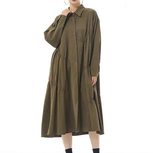 Load image into Gallery viewer, Women Coffee Pleated Spliced Big Size Midi Shirt Dress New Lapel Long Sleeve Fashion Tide Spring Autumn 2025 1DH7416
