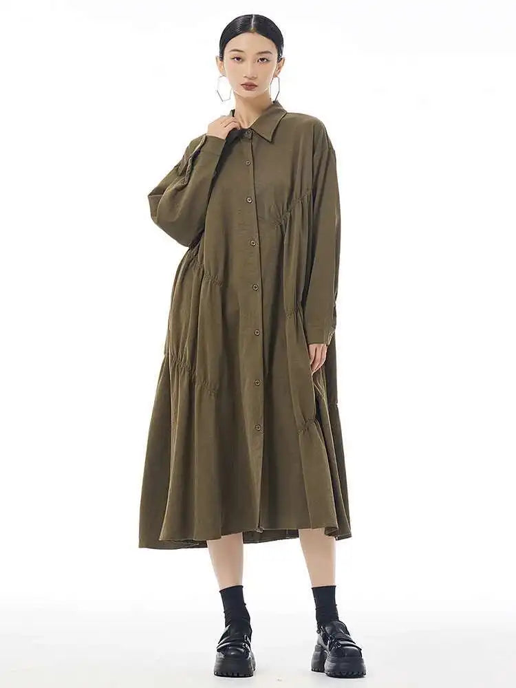 Women Coffee Pleated Spliced Big Size Midi Shirt Dress New Lapel Long Sleeve Fashion Tide Spring Autumn 2025 1DH7416