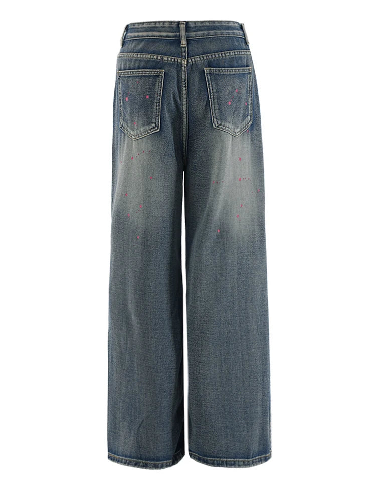 High Waist Blue Denim Painted Long Casual Wide Leg Jeans New Women Trousers Fashion Tide Spring Autumn 2025 CPG2279