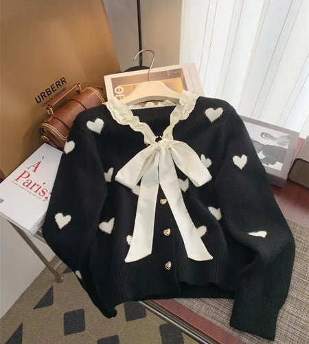 Winter Sweet Patchwork Heart Embroidery Knitting Sweaters Women Long Sleeved Bow Ruffles V-neck 2024 New Fashion Cardigan Tops