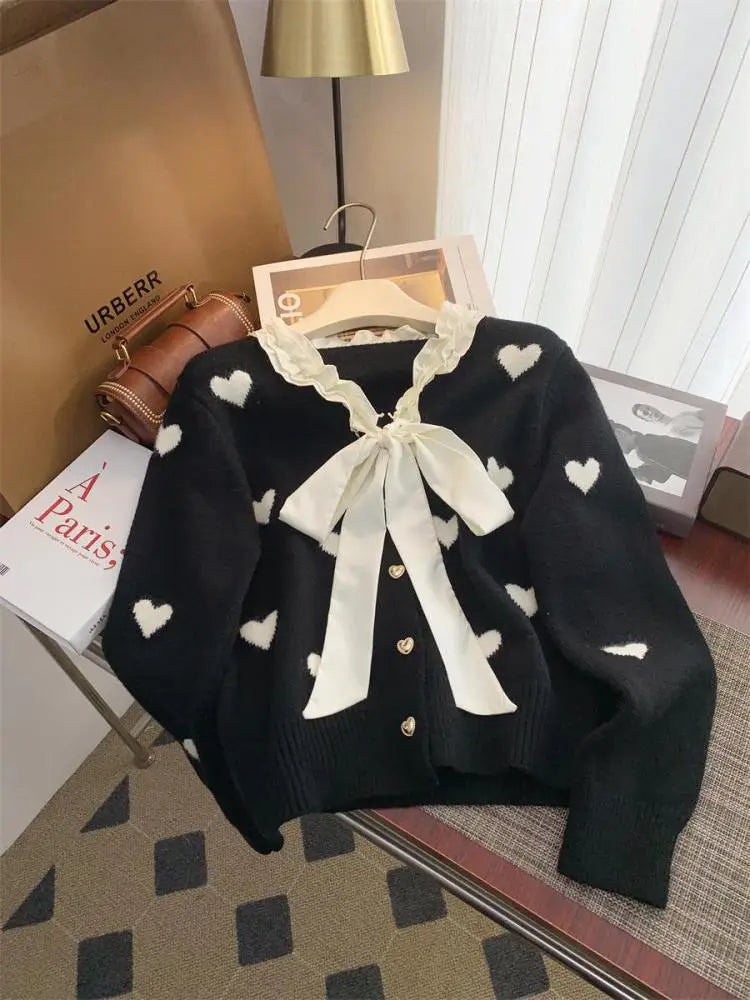 Winter Sweet Patchwork Heart Embroidery Knitting Sweaters Women Long Sleeved Bow Ruffles V-neck 2024 New Fashion Cardigan Tops