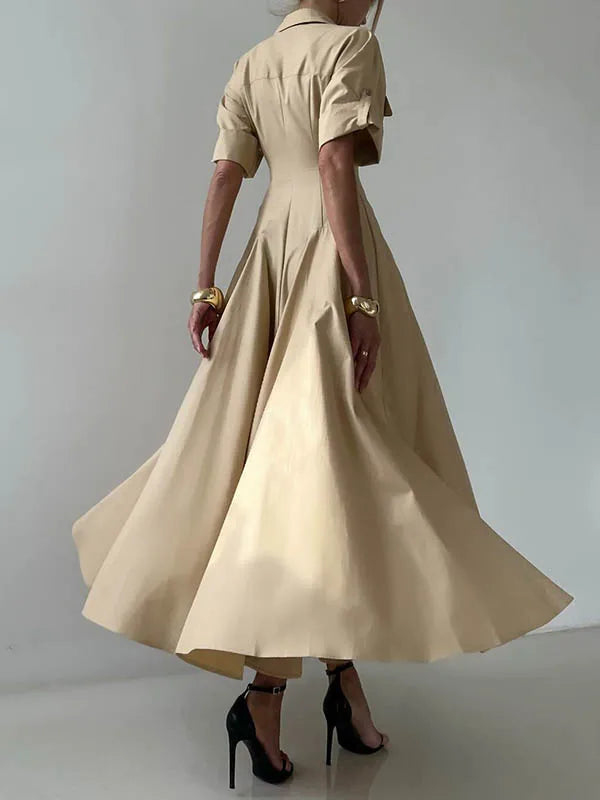 Summer Autumn khaki Shirts Maxi Dresses for Woman 2025 New Lapel Neck Buttoned Elegant Vintage A-line Long Dress Women