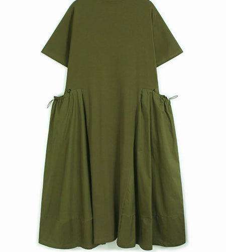 Women Green Drawstring Pocket Big Size Midi Dress New Round Neck Short Sleeve Fashion Tide Spring Summer 2025 1DJ1355