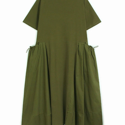 Load image into Gallery viewer, Women Green Drawstring Pocket Big Size Midi Dress New Round Neck Short Sleeve Fashion Tide Spring Summer 2025 1DJ1355
