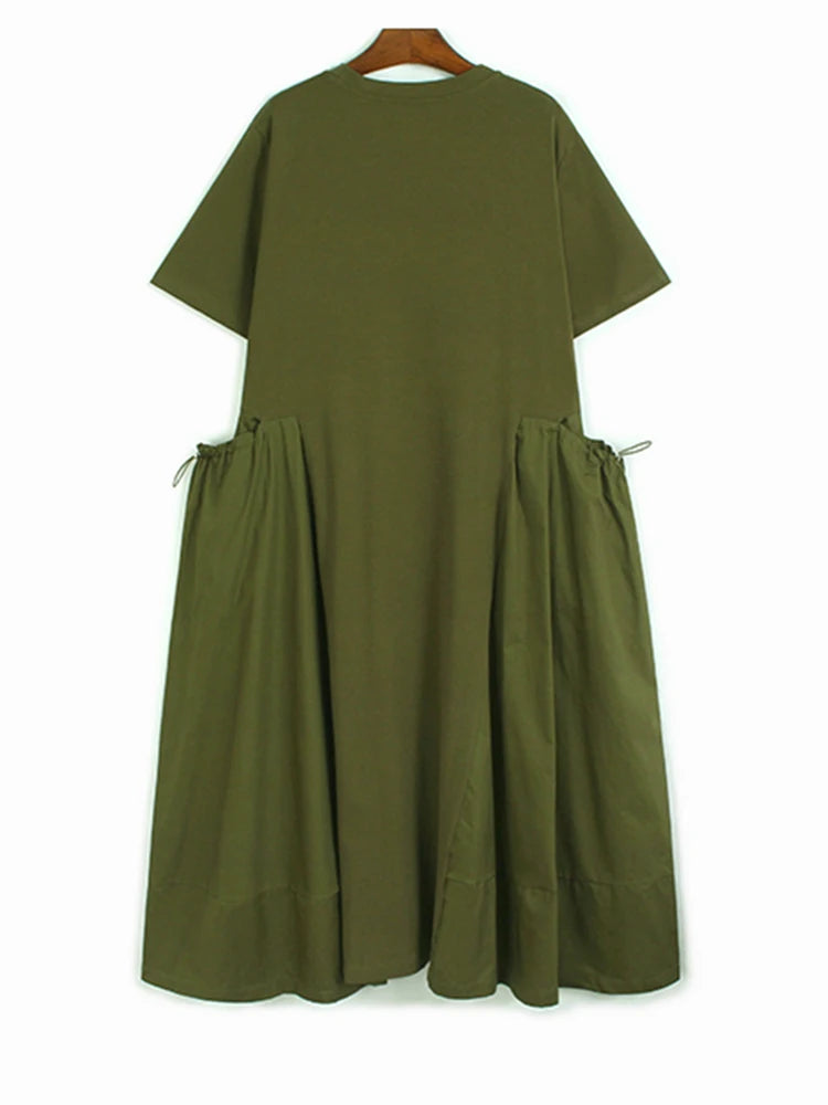 Women Green Drawstring Pocket Big Size Midi Dress New Round Neck Short Sleeve Fashion Tide Spring Summer 2025 1DJ1355