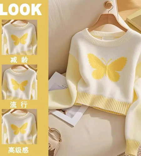 2024 New Yellow Butterfly Patchwork Round Neck Knitted Sweater Women Streetwear Autumn Winter Vintage Long Sleeve Pullover Tops