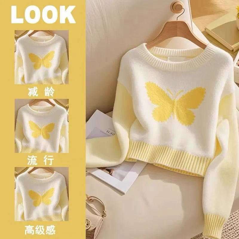 2024 New Yellow Butterfly Patchwork Round Neck Knitted Sweater Women Streetwear Autumn Winter Vintage Long Sleeve Pullover Tops