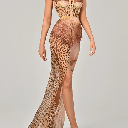 Load image into Gallery viewer, Leopard Lace Patchwork Long Dress For Women Elegant Spaghetti Strap High Split Slim Dresses Sexy Summer Beachwear Vestido
