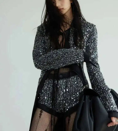 Sequins Shining Blazer Wide Leg Shorts Two Piece Suit New Lapel Long Sleeve Women Fashion Tide Spring Autumn 2025  1DH7070