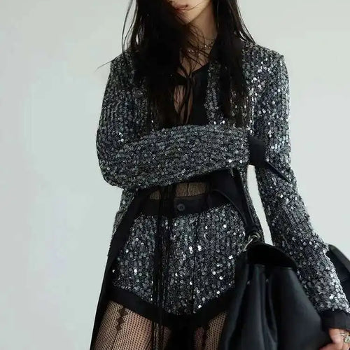 Load image into Gallery viewer, Sequins Shining Blazer Wide Leg Shorts Two Piece Suit New Lapel Long Sleeve Women Fashion Tide Spring Autumn 2025  1DH7070
