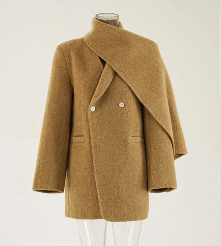 Khaki Big Size Thick Warm Woolen Coat New Scarf Collar Long Sleeve Women Jacket Fashion Tide Autumn Winter 2025 CPDB258