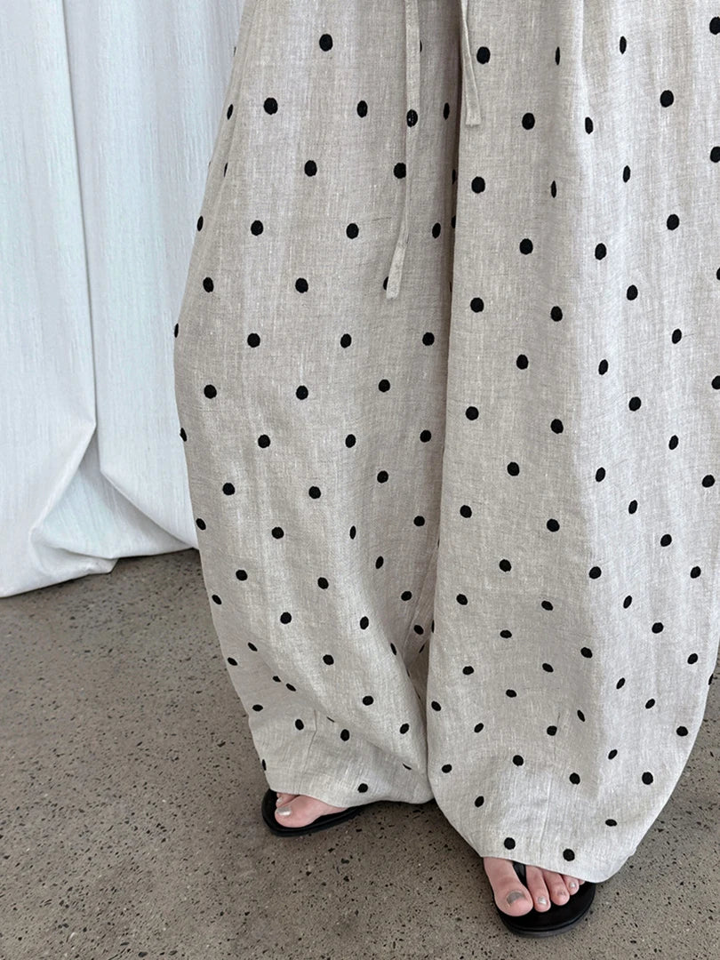 High Elastic Waist Linen Dot Embroidery Wide Leg Long Pants New Trousers Women Fashion Tide Spring Autumn 2025 1DJ1548
