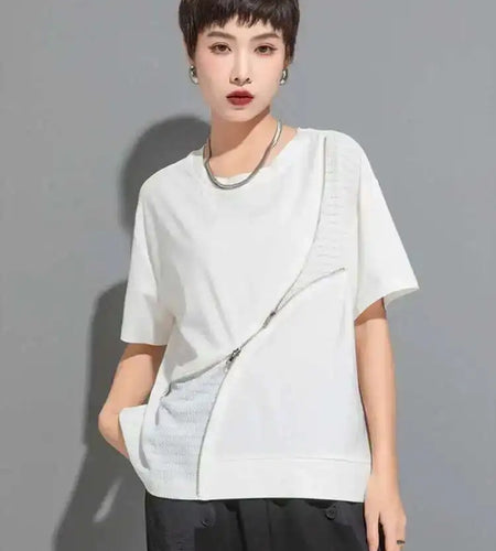Women Black Irregular Zipper Big Size Casual T-shirt New Round Neck Short Sleeve Fashion Tide Spring Summer 2025 1DF6526