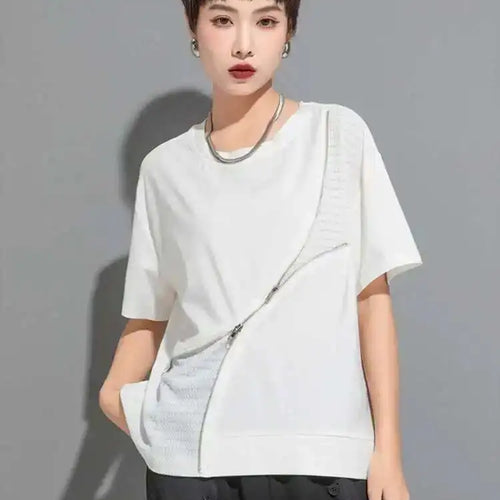 Load image into Gallery viewer, Women Black Irregular Zipper Big Size Casual T-shirt New Round Neck Short Sleeve Fashion Tide Spring Summer 2025 1DF6526
