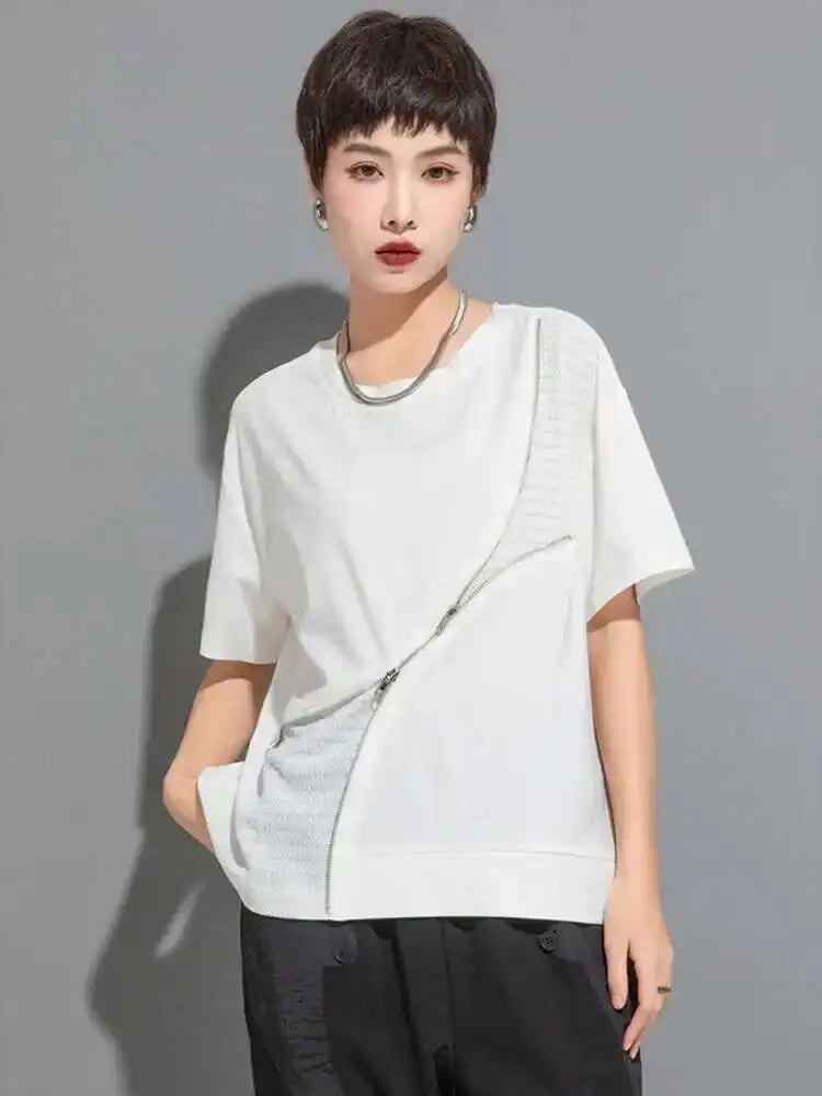 Women Black Irregular Zipper Big Size Casual T-shirt New Round Neck Short Sleeve Fashion Tide Spring Summer 2025 1DF6526
