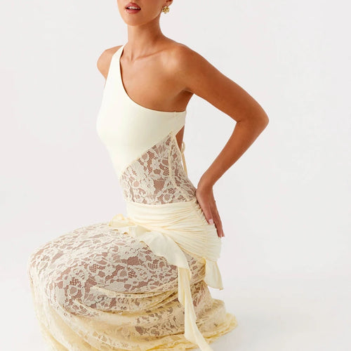 Load image into Gallery viewer, One Shoulder Backless Sexy Maxi Dress Women Lace Patchwork Fashion Sleeveless Lace-up Draped Ruffle Club Long Dress
