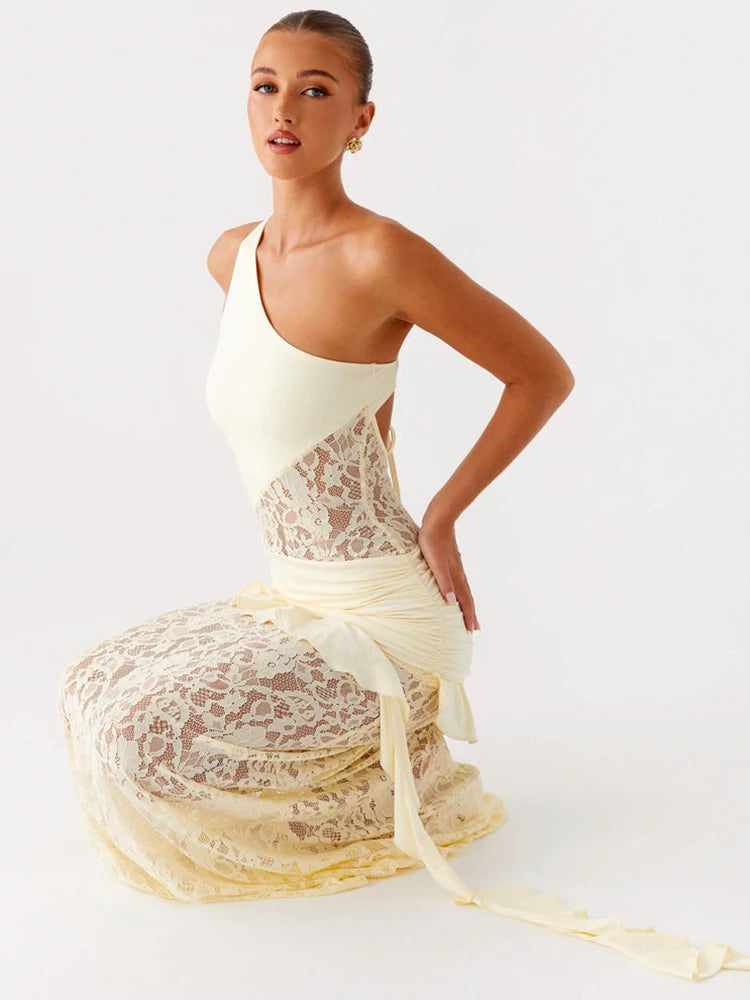 One Shoulder Backless Sexy Maxi Dress Women Lace Patchwork Fashion Sleeveless Lace-up Draped Ruffle Club Long Dress