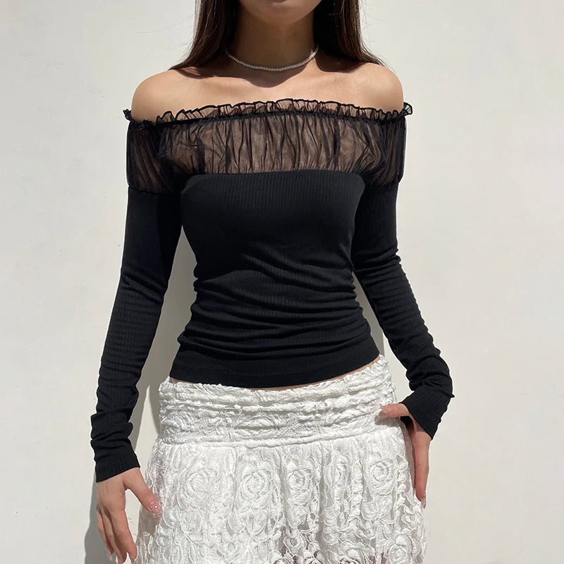 Chic Ruched Black Knit Autumn Tee Shirt Basic Korean Fashion Mesh Patched Fold Women's T-shirts Clothing Party Gothic
