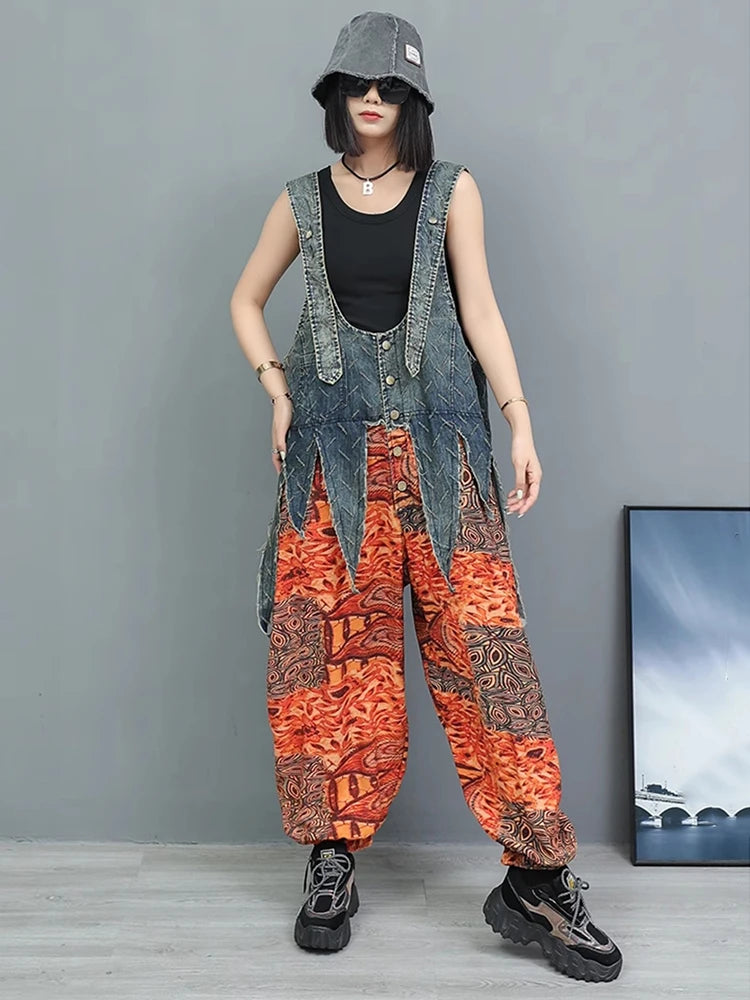 High Waist Blue Denim Irregular Printed Casual Overalls Jeans New Women Trousers Fashion Tide Spring Autumn 2025 1DJ1350
