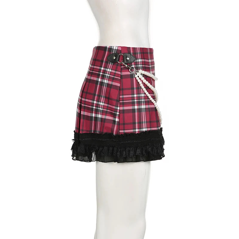 Vintage Y2K Red Plaid Skirt Low Waist England Style Lace Patched Pearls Harajuku Preppy Style Mini Skirt Girls Hottie