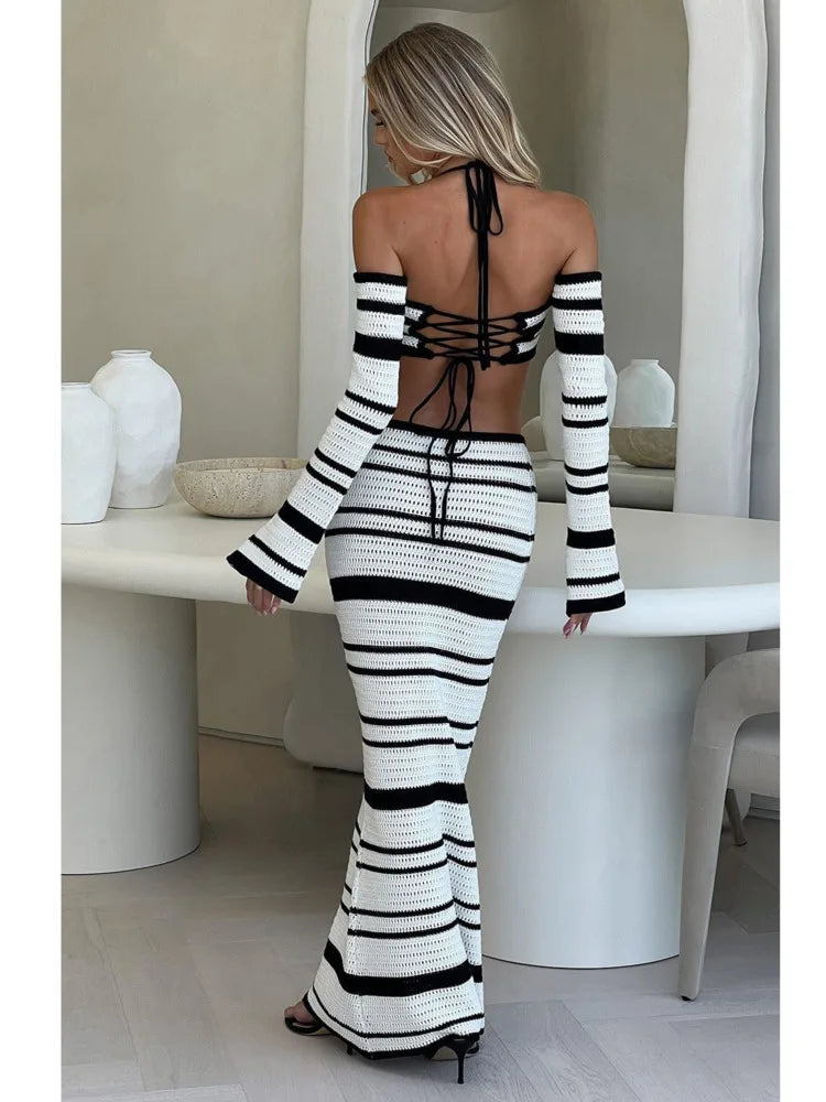 Sexy Knitted Sweater Women Set 2024 New Striped Long Sleeved Hanging Collar Skirt Two-piece Set Party Vacation Beachwear