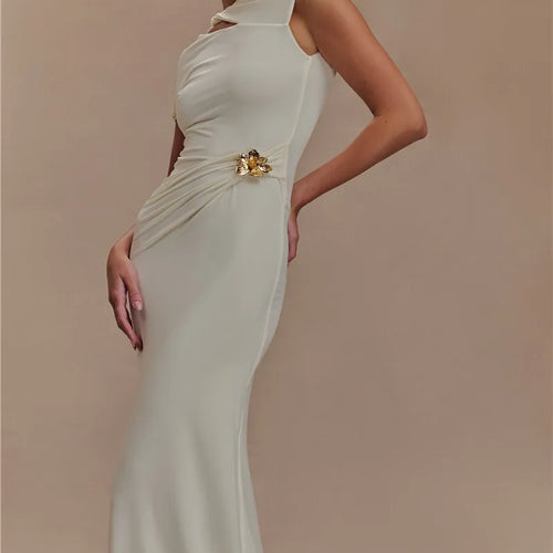 Load image into Gallery viewer, Hollow Out Gold Clasp Sexy Maxi Dress For Women Gown Solid Sleeveless Backless Ruched Bodycon Club Long Dress Elegant
