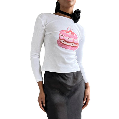 Load image into Gallery viewer, y2k Crop Top 2000s Women Graphic Cherry/Cake Print Round Neck Long Sleeve T Shirt Aesthetic Clothing White Streetwear
