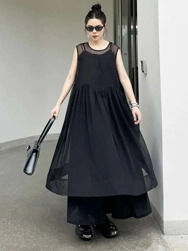 Women Black Mesh Perspective Pleated Big Size Elegant Dress New Round Neck Sleeveless Fashion Spring Summer 2025  1DH5841