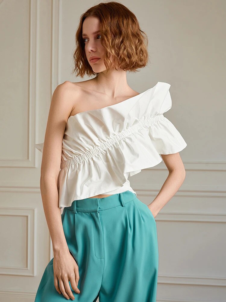 Solid Tank Tops For Women Diagonal Collar Sleeveless Ruffles Short Length Summer Vest Female Fashion Clothing