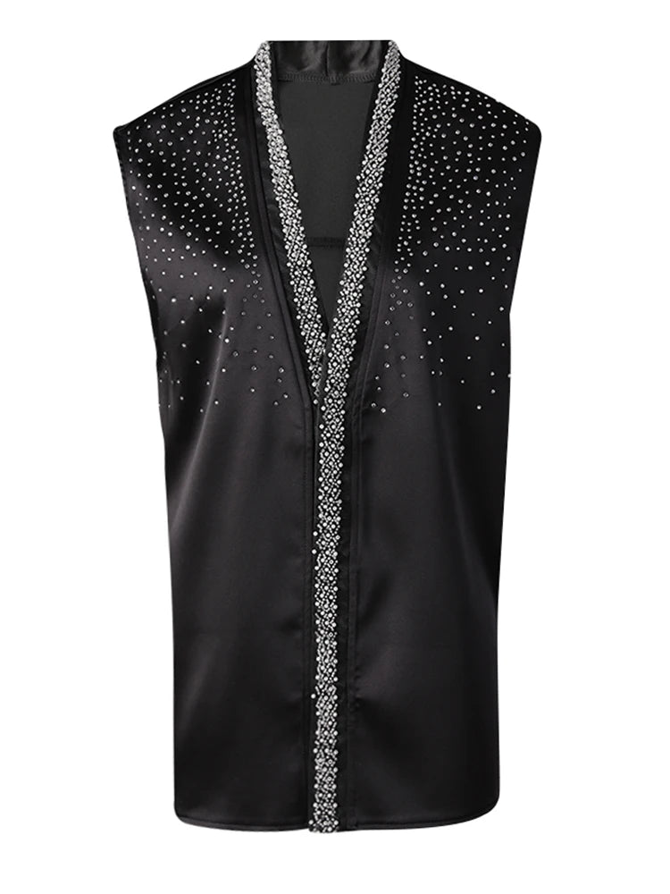 Women Pearl Nailed Rhinestones Elegant Big Size Blouse New V-neck Sleeveless Shirt Fashion Tide Spring Summer 2025 CPG306