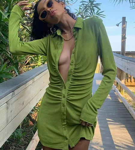 Long Sleeve Ruched Bodycon Shirts Dress For Women Turn-Down Collar Sexy Mini Dress Ladies Buttons Slim Party Vestidos